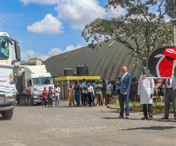 Agriculture and Livestock Development Cabinet Secretary (CS) Dr. Andrew Karanja flagging off the distribution of subsidized fertilizer for the 2025 long rains season.Photo/Gladys Njoka.