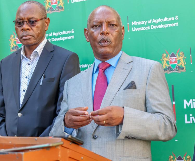 Former Agriculture and Livestock Development Cabinet Secretary (CS) Dr. Andrew Karanja (R) and the Director of Veterinary Services (DVS) Dr. Allan Azegele (L) during a media breakfast engagement. Photo/Gladys Njoka.