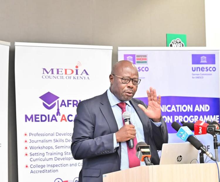 The Principal Secretary (PS) for State Department of Broadcasting and Telecommunications Prof Edward Kisiangani speaking during this year’s World Radio Day celebrations on Thursday at Aga Khan University Graduate School of Media and Communication in Nairobi.