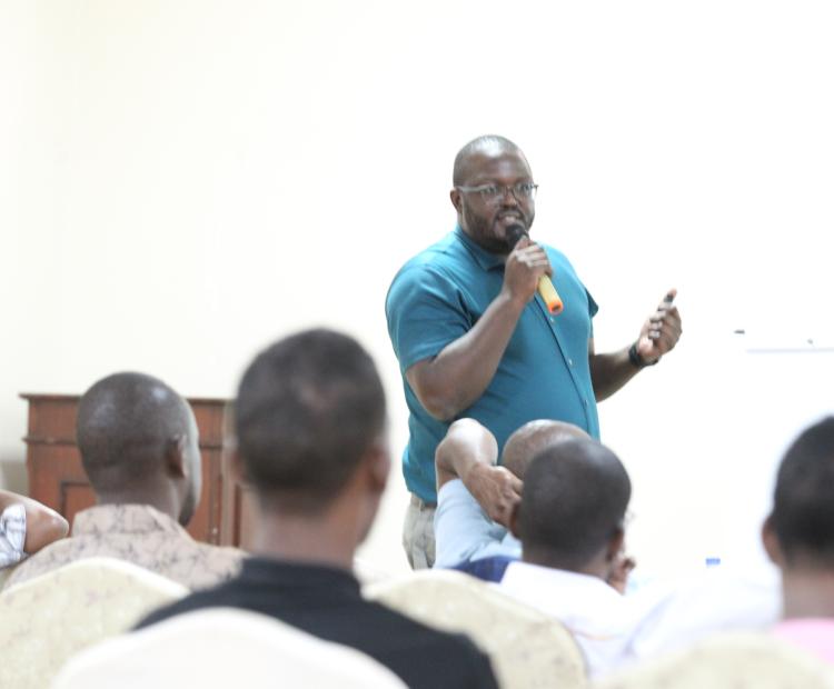 Petroleum Engineer Vincent Areri speaking during a public participation forum for the National Petroleum Policy draft (2024) in Garissa