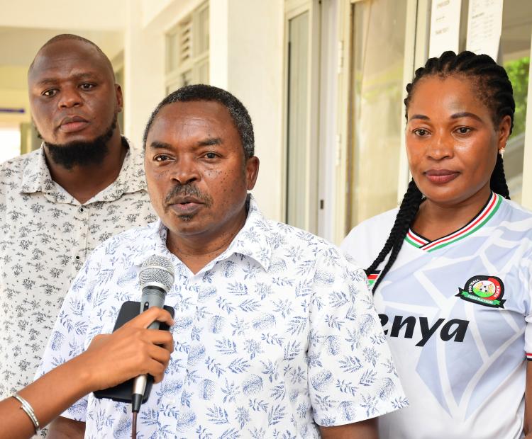  Secretary for Renewable Energy at the Ministry of Energy, Eng. Isaac Kiva (c) briefs the media on the sidelines of a public participation on the draft National Energy Policy 2025 and draft National Petroleum Policy 2025 at Kenya School of Government (KSG), Mombasa. PHOTO: ANDREW HINGA/KNA
