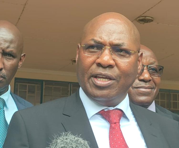 Outgoing Health Principal Secretary Harry Kimtai speaking to the press in Embu during the handing over of Taifa Care digital devices.