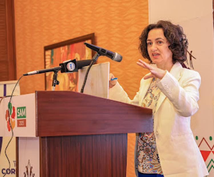 Appui au Développement Autonome (ADA), Executive Director, Laura Foschi, giving a  presentation at the African Inclusive Finance Week SAM 2025 media launch in Nairobi 
