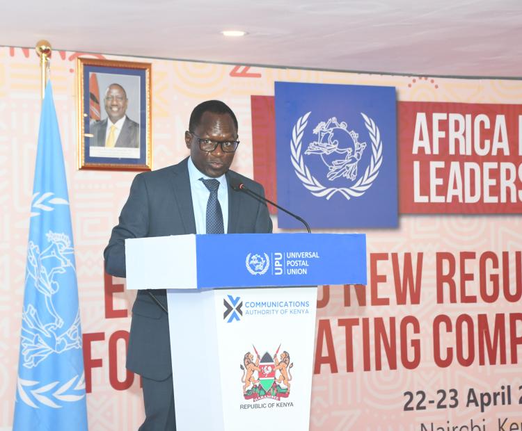 State Department for Broadcasting and Telecommunications PS, Stephen Isaboke, representing Cabinet Secretary (CS) for Ministry of Information, Communications and the Digital Economy William Kabogo during the official opening of the Universal Postal Union (UPU) Africa Postal Leaders Forum held in Nairobi. 