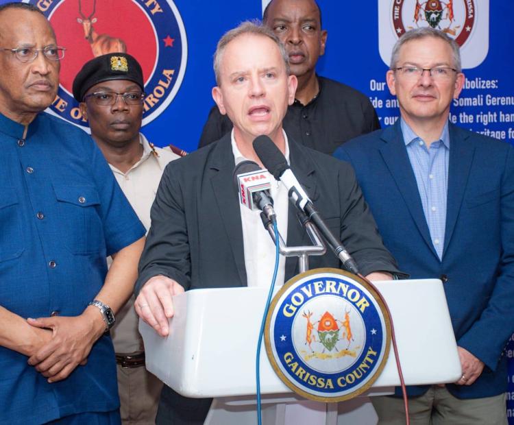 UN Resident Coordinator Stephen Jackson during a press briefing at the Garissa county headquarters. He said that these teams are working to bring the two sides of the equation together; development investment and security for sustainable development.
