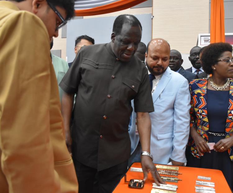 Ministry of Cooperatives and MSME’s Development Cabinet Secretary Wycliffe Oparanya viewing Expo products at the ongoing second Kenya BuildCon and Kenya Wood Expo 2025, Sarit Expo Centre.