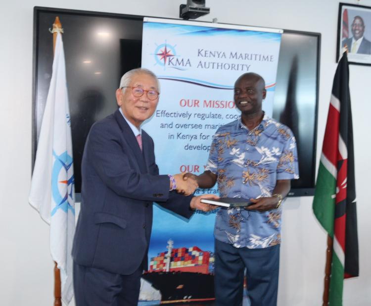 Professor Jinsoo Park (left) from the Korea Institute of Maritime and Fisheries Technology (KIMFT) with KMA’s Ag. Director General, Mr. Isaiah Nakoru.