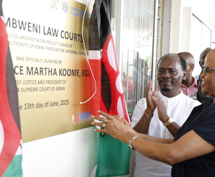 Chief Justice Hon. Martha Koome and Cabinet Secretary for Information, Communications  and the Digital Economy Hon. Wiliam Kabogo, unveiled the plaque during the official  launch of the Local Area Network project between the Communications Authority of  Kenya and the Judiciary at the Msambweni Law Courts in Ukunda, Kwale County