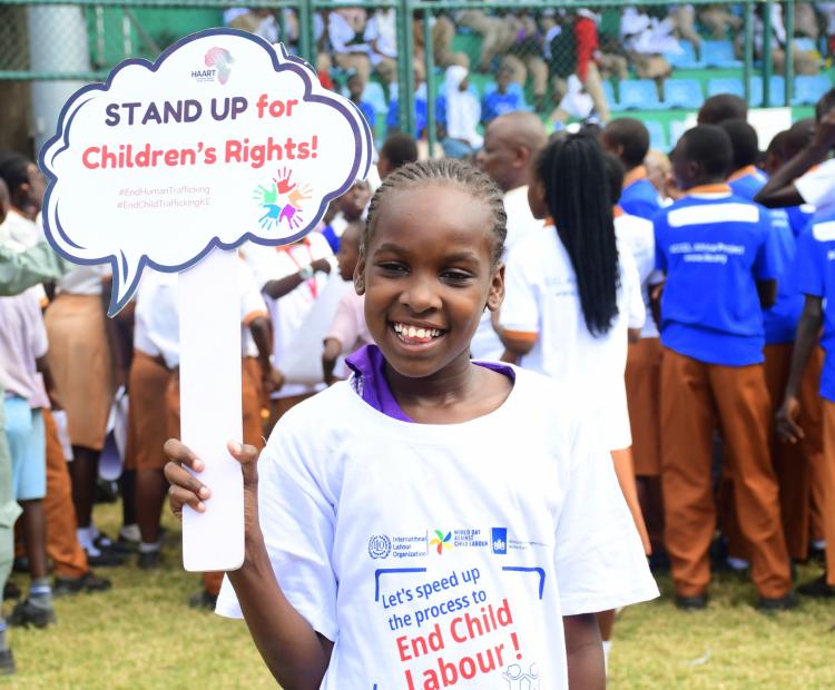 A child sends out clear message during commemoration to mark World Day Against Child Labour in Mombasa's Uwanja wa Mbuzi grounds