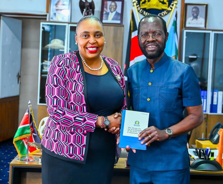 Principal Secretary (PS) for East African Community Affairs Dr. Carolyn Karugu and Prof Anyang Nyong'o, the Kisumu governor