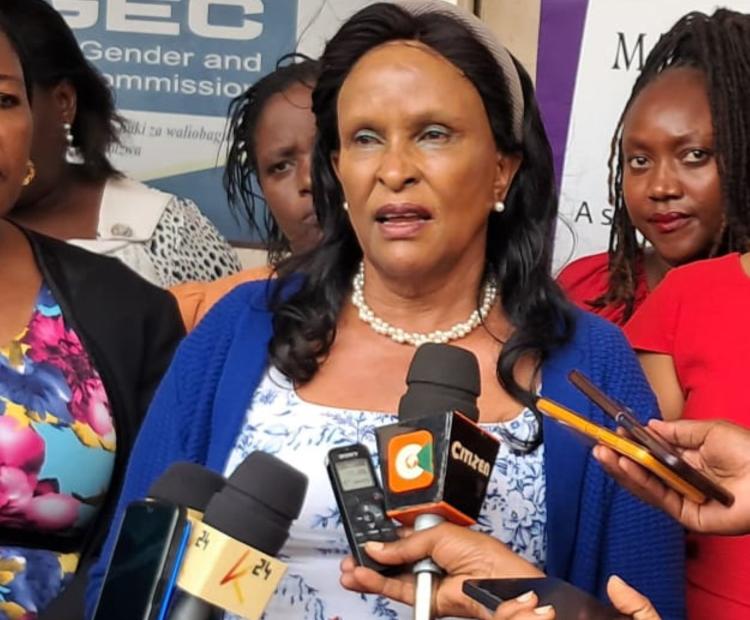 Dr. Margaret Karungaru, a commissioner with the National Gender and Equality Commission, addressing journalists after a stakeholder engagement in Malindi town. PHOTO/SHANI RHAI