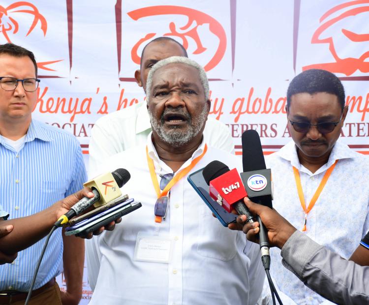 Kenya Association of Hotel Keepers and Caterers (KAHC) Chairperson, Chris Musau, briefs the media on the sidelines of the 2025 Symposium at the Whitesands Hotel, Mombasa. 