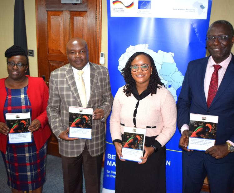 Labour Commissioner Ms. Hellen Apiyo, PS Labour and Skills Development Shadrack Mwadime, CIVIPOL National Coordinator Ms. Michelle Koiange and Secretary Directorate of Occupational safety & Health Dr. Musa Nyandusi at the Launch of Guidelines to address Trafficking in Persons.