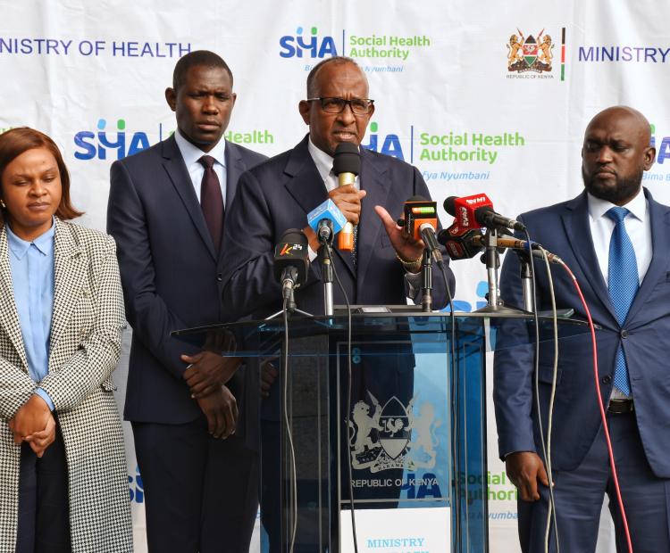 Health CS Aden Duale while briefing the press on the Social Health Authority (SHA)Milestones and Nursing Internship issue. Photo/Daniel Kamau.