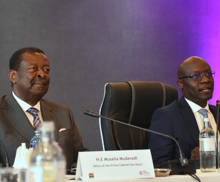Prime Cabinet Secretary and Cabinet Secretary for Foreign Affairs and Diaspora Affairs  Musalia Mudavadi (Left) with Ambassador Philip Thigo following proceedings during the launch of TechPlomacy Connective in Nairobi 