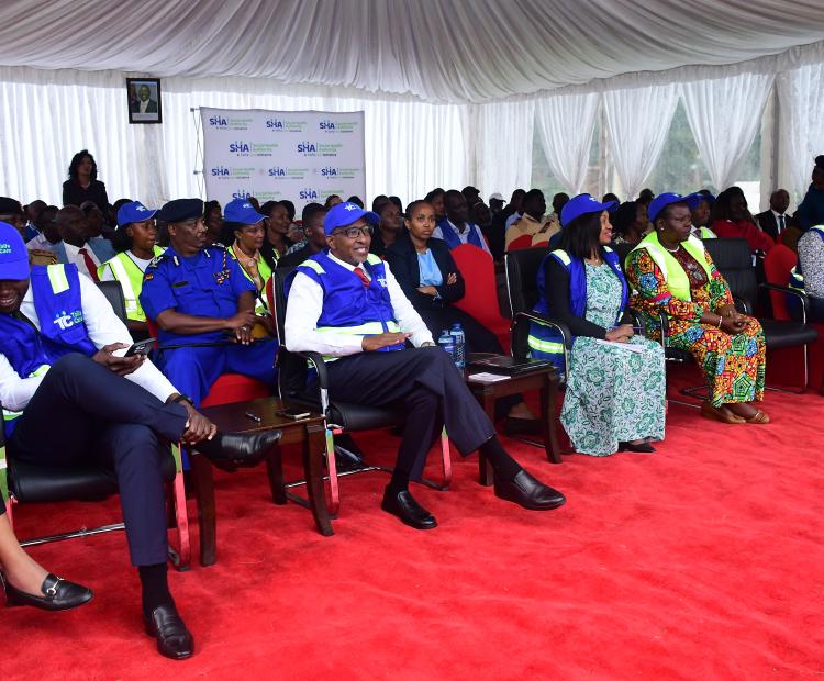 Health Cabinet Secretary Aden Duale (third left) and Governor Susan Kihika (fourth left) during the activation of Nakuru County Taifa Care at Nyayo Gardens. PHOTO: LUCY NJERI.