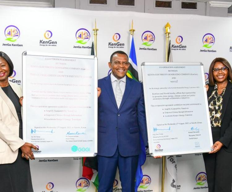 From left to right: Ms. Nagnouma Koné, Manager for Africa Strategy and Partnerships and Head of the Kenya Office at GGGI, Eng. Peter Njenga, KenGen Managing Director & CEO; and Ms. Frida Agembe, Chief Financial Officer, pose for a photo following the signing of a partnership agreement for the upcoming sustainable energy conference.