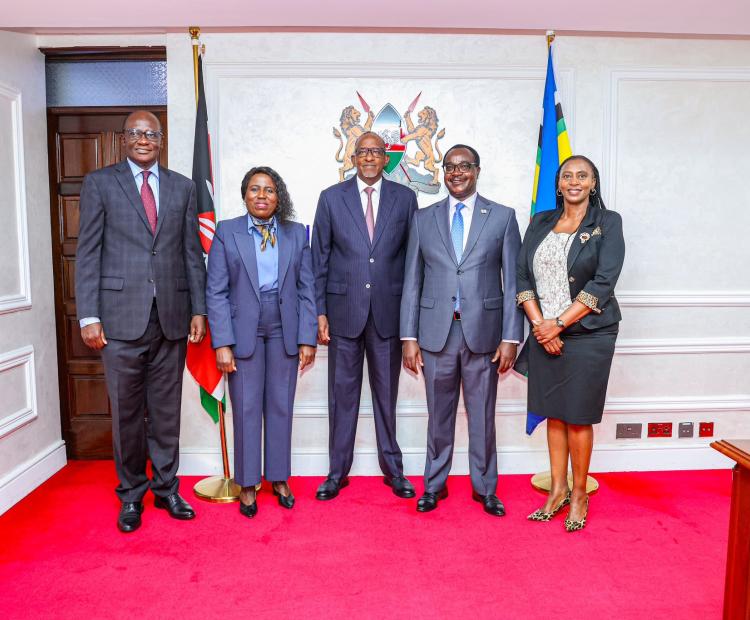 Director-General for Health Dr Patrick Amoth, Principal Secretary for Higher Education and Research Beatrice Muganda, Cabinet Secretary (CS) for Health Aden Duale, Cabinet Secretary for Education Julius Ogamba and Principal Secretary for Public Health and Professional Standards Mary Muthoni pose for a photo during a high-level strategic meeting intended to align existing health training programmes with national priorities at the Ministry of Health Headquarters in Nairobi 