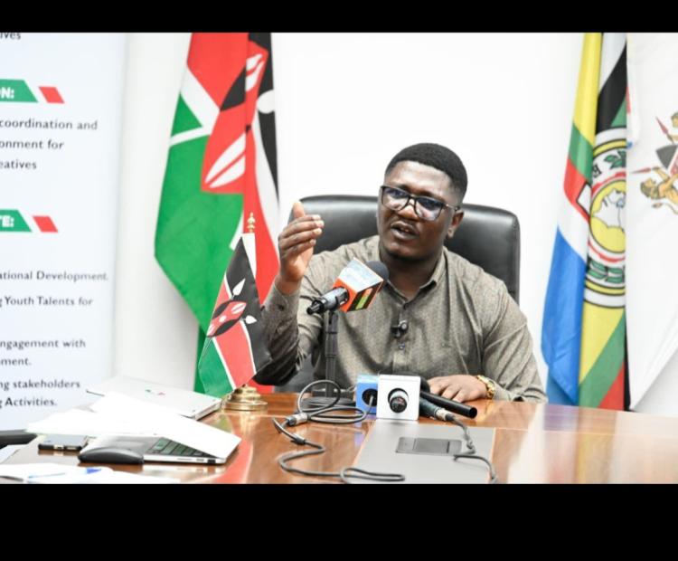 Principal Secretary for Youth Affairs and Creative Economy Fikirini Jacobs addresses the media during a briefing at the Ministry headquarters, Talanta Plaza.