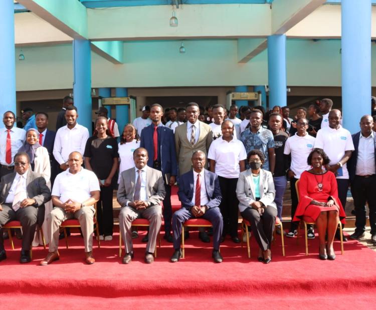 Principal Secretary for the State Department for Industry Dr. Juma Mukhwana (Seated Centre in Grey Suit) poses for a group photo with Kenyatta University Ag. Vice Chancellor Prof. John Okumu (Seated in Blue Suit), university staff and students during the launch of the 19th Annual Career Week at the University’s main campus on January 27th, 2026