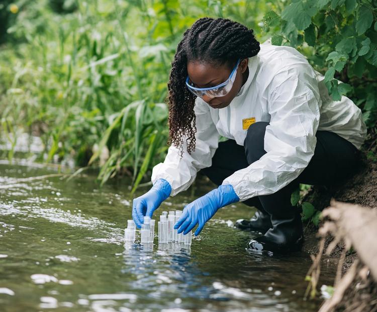 A researcher collecting wastewater samples from a river in Kenya.