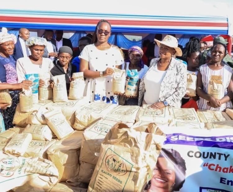 Machakos Governor Wavinya Ndeti issuing certified seeds to farmers at Kathaana in Kangundo West 